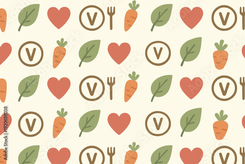 Pattern of hearts, leaves, carrots, and vegan symbols on a light background for design and decoration