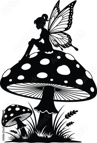 Mystical black and white illustration of a whimsical fairy sitting on a large spotted toadstool mushroom