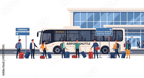 Modern vector illustration of airport shuttle pickup zone with travelers carrying luggage near terminal building and transport signage in clean flat solid color style for travel mobility concept