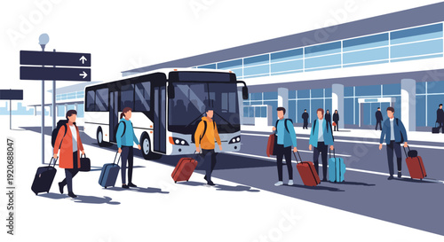 Modern vector illustration of airport shuttle pickup zone with travelers carrying luggage near terminal building and transport signage in clean flat solid color style for travel mobility concept