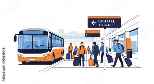 Modern vector illustration of airport shuttle pickup zone with travelers carrying luggage near terminal building and transport signage in clean flat solid color style for travel mobility concept