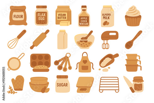 Items used in baking and cooking displayed on a clean surface with a simple layout and warm color tones