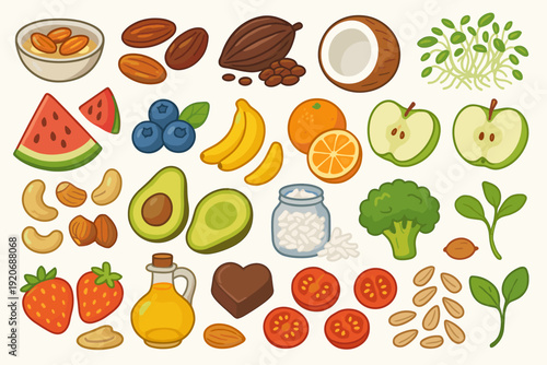 Fresh fruits, nuts, and vegetables arranged neatly on a light background during daylight hours