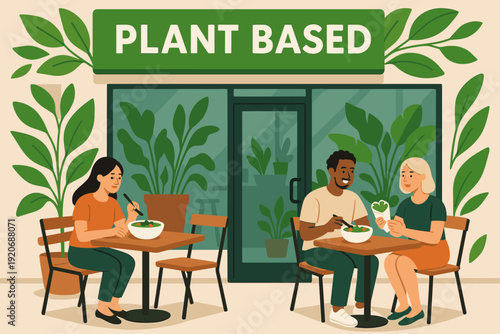 People enjoy plant based meals at a restaurant with green decor during daytime in a fun atmosphere