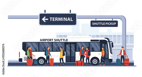Modern vector illustration of airport shuttle pickup zone with travelers carrying luggage near terminal building and transport signage in clean flat solid color style for travel mobility concept