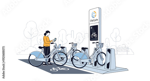 Modern vector illustration of bicycle sharing station with docked bikes and user unlocking bicycle via smartphone in clean flat solid color style for eco friendly city mobility concept