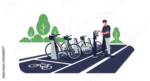 Modern vector illustration of bicycle sharing station with docked bikes and user unlocking bicycle via smartphone in clean flat solid color style for eco friendly city mobility concept