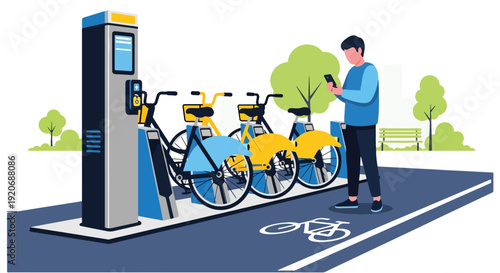 Modern vector illustration of bicycle sharing station with docked bikes and user unlocking bicycle via smartphone in clean flat solid color style for eco friendly city mobility concept