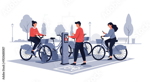Modern vector illustration of bicycle sharing station with docked bikes and user unlocking bicycle via smartphone in clean flat solid color style for eco friendly city mobility concept