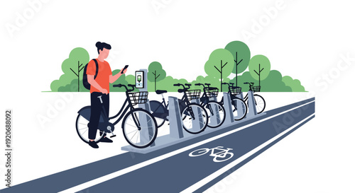 Modern vector illustration of bicycle sharing station with docked bikes and user unlocking bicycle via smartphone in clean flat solid color style for eco friendly city mobility concept
