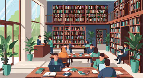 Modern vector illustration of public library interior with people reading and studying at tables, bookshelves and librarian desk in clean flat style with solid colors for education and community space