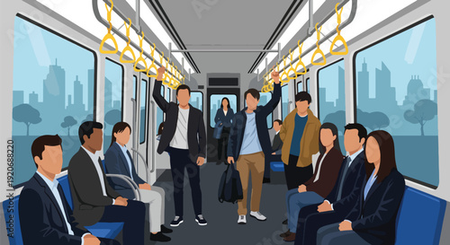 Modern vector illustration of light rail interior with seated and standing passengers holding handles and priority seating signs in flat solid color style for daily commute concept