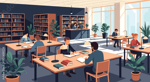 Modern vector illustration of public library interior with people reading and studying at tables, bookshelves and librarian desk in clean flat style with solid colors for education and community space