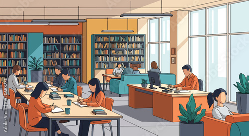 Modern vector illustration of public library interior with people reading and studying at tables, bookshelves and librarian desk in clean flat style with solid colors for education and community space