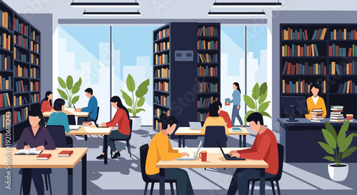 Modern vector illustration of public library interior with people reading and studying at tables, bookshelves and librarian desk in clean flat style with solid colors for education and community space