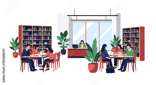 Modern vector illustration of public library interior with people reading and studying at tables, bookshelves and librarian desk in clean flat style with solid colors for education and community space