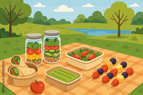 Picnic with healthy food on a blanket in a park by the lake during a sunny day in spring