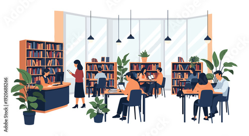Modern vector illustration of public library interior with people reading and studying at tables, bookshelves and librarian desk in clean flat style with solid colors for education and community space