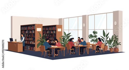 Modern vector illustration of public library interior with people reading and studying at tables, bookshelves and librarian desk in clean flat style with solid colors for education and community space