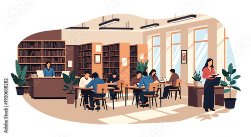 Modern vector illustration of public library interior with people reading and studying at tables, bookshelves and librarian desk in clean flat style with solid colors for education and community space