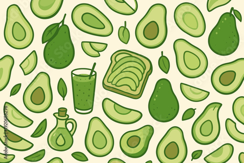 Variety of green avocados and related food items on a light background with slices, toast, drink, and oil at a kitchen setting
