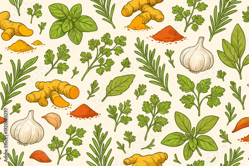 Herbs and spices scattered across a light background showing turmeric, garlic, basil, and other ingredients for cooking