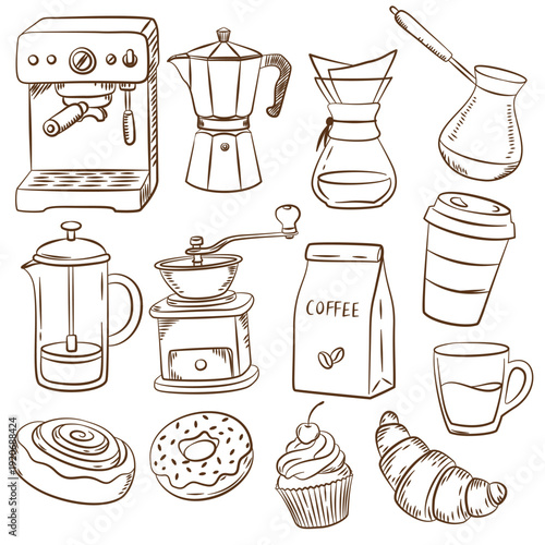 Coffee shop modern hand drawn sketch style illustrations. Set of coffee accessories and sweets