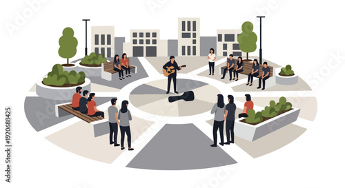 Modern vector illustration of open public plaza with street musician performing and small audience watching, benches and planters in flat solid color style for community lifestyle theme