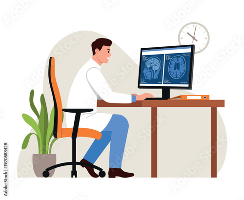 Vector illustration of a doctor studying MRI scans. Cartoon scene of a doctor sitting at a table, looking at a CT scan of the brain on a computer monitor, flowerpot isolated on a white background.