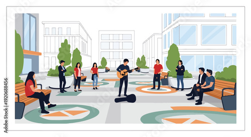 Modern vector illustration of open public plaza with street musician performing and small audience watching, benches and planters in flat solid color style for community lifestyle theme