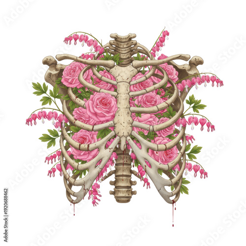Rib cage with roses and bleeding heart flowers