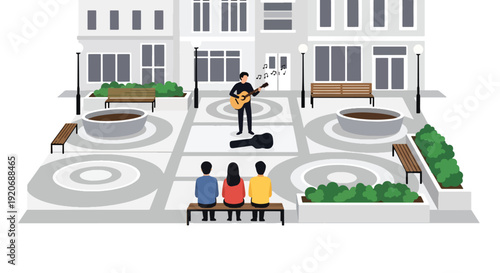 Modern vector illustration of open public plaza with street musician performing and small audience watching, benches and planters in flat solid color style for community lifestyle theme