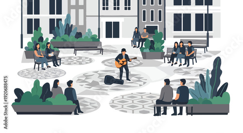 Modern vector illustration of open public plaza with street musician performing and small audience watching, benches and planters in flat solid color style for community lifestyle theme