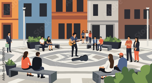 Modern vector illustration of open public plaza with street musician performing and small audience watching, benches and planters in flat solid color style for community lifestyle theme