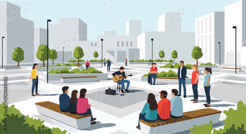 Modern vector illustration of open public plaza with street musician performing and small audience watching, benches and planters in flat solid color style for community lifestyle theme