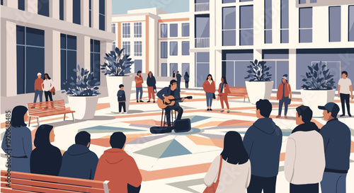 Modern vector illustration of open public plaza with street musician performing and small audience watching, benches and planters in flat solid color style for community lifestyle theme