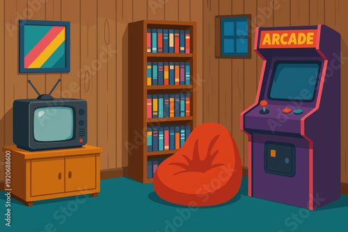 Cozy game room in a wood-paneled space with a vintage TV, bookshelf, bean bag chair, and an arcade machine