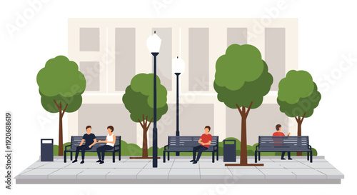 Modern vector illustration of urban pedestrian crosswalk with people crossing street, traffic lights and accessible ramps in flat solid color style for road safety and mobility concept
