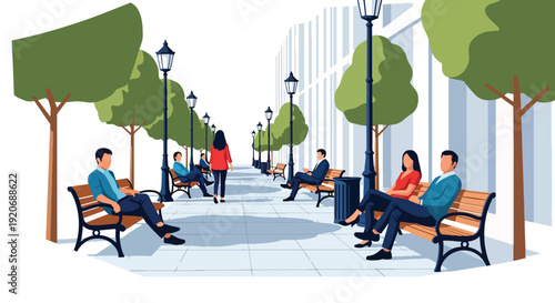 Modern vector illustration of urban pedestrian crosswalk with people crossing street, traffic lights and accessible ramps in flat solid color style for road safety and mobility concept