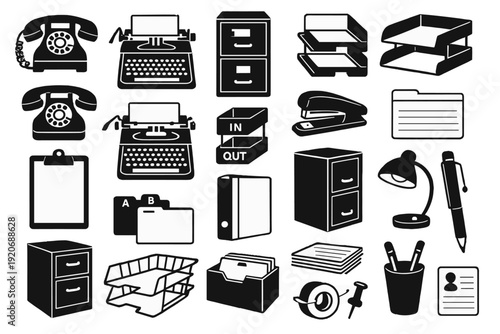 Collection of office supplies and equipment displayed in black and white showing various items used in work environments