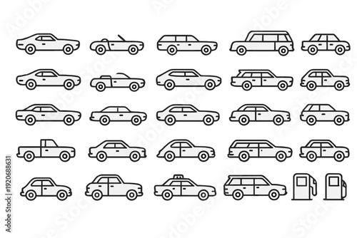 Different types of cars shown in simple drawings with various shapes and sizes for education and design purposes