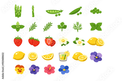 Fresh ingredients for cooking and beverage preparation with herbs, fruits, and flowers displayed on a white background
