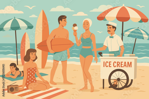 Sunbathers enjoy ice cream while surfers prepare to hit the waves on a beach during a sunny day in summer