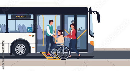 Modern vector illustration of accessible public bus boarding with wheelchair user entering via ramp and commuters waiting in flat solid color style for inclusive mobility concept