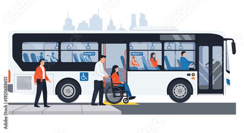 Modern vector illustration of accessible public bus boarding with wheelchair user entering via ramp and commuters waiting in flat solid color style for inclusive mobility concept