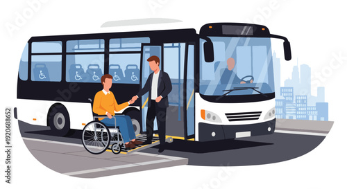 Modern vector illustration of accessible public bus boarding with wheelchair user entering via ramp and commuters waiting in flat solid color style for inclusive mobility concept