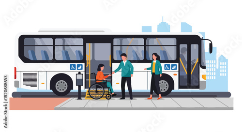 Modern vector illustration of accessible public bus boarding with wheelchair user entering via ramp and commuters waiting in flat solid color style for inclusive mobility concept