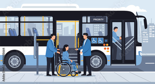 Modern vector illustration of accessible public bus boarding with wheelchair user entering via ramp and commuters waiting in flat solid color style for inclusive mobility concept