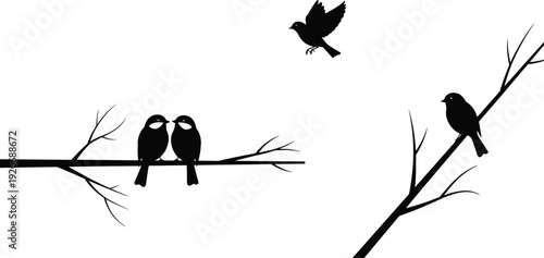 Black bird silhouettes sitting on tree branches and flying in the sky for nature wildlife graphic design, spring seasonal decor, and romantic icons
