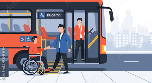 Modern vector illustration of accessible public bus boarding with wheelchair user entering via ramp and commuters waiting in flat solid color style for inclusive mobility concept